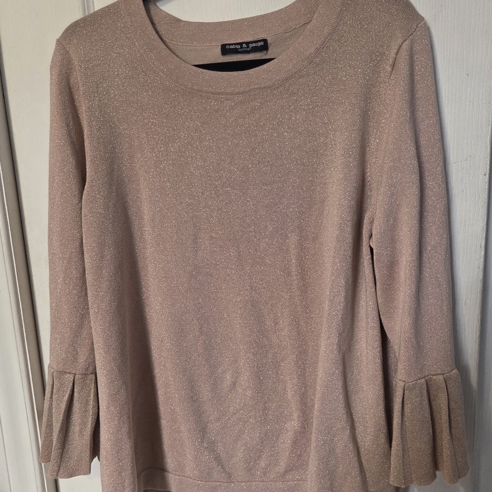 Rose Gold Lady's Cable & Gauge 3/4 Sleeve Top w/Pleated Sleeve 'Cuff'